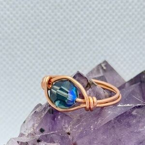Elegant Blue Teal Swarovski Crystal Copper Wire Wrapped Ring